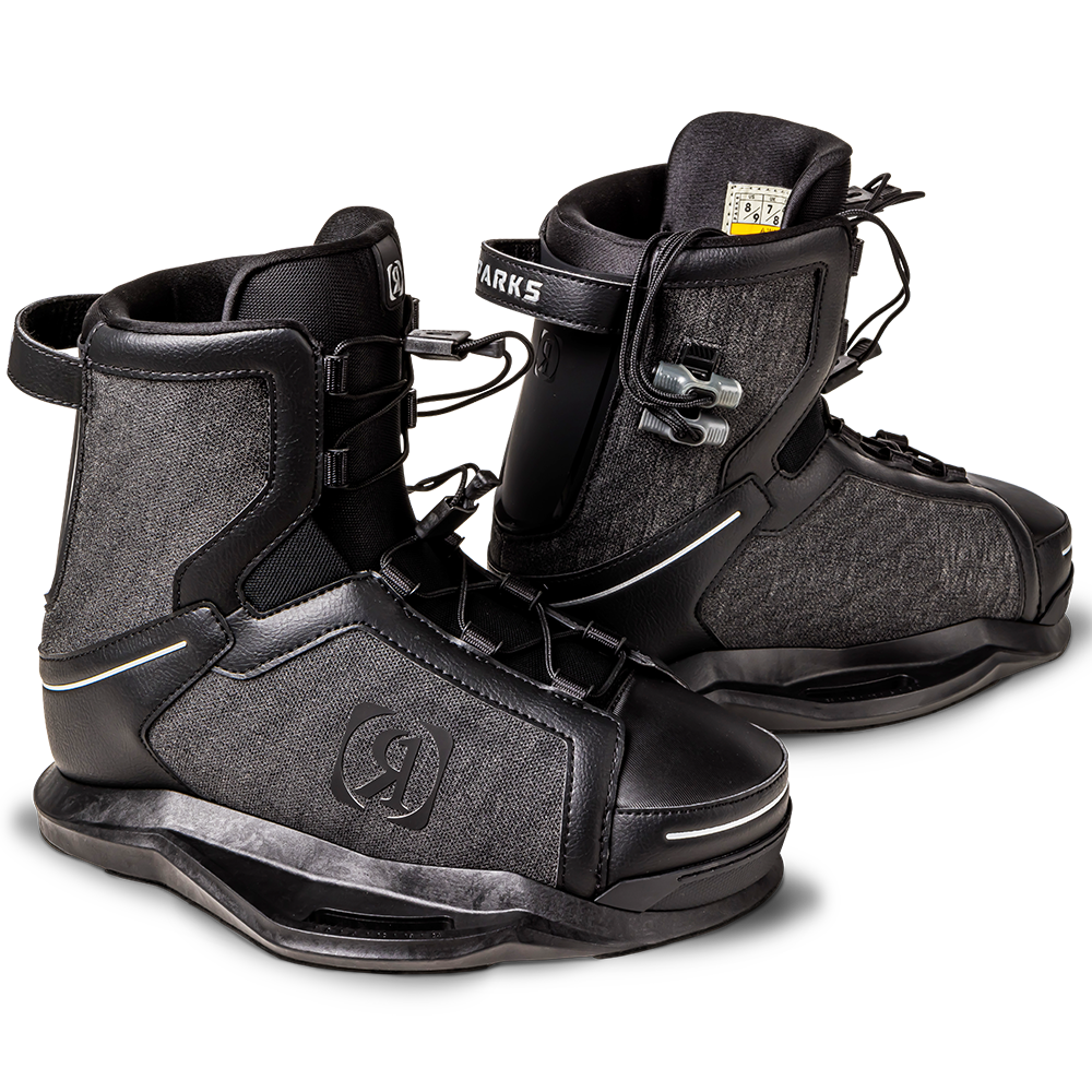 A pair of black and grey Ronix 2024 Parks Boots featuring Autolock technology.