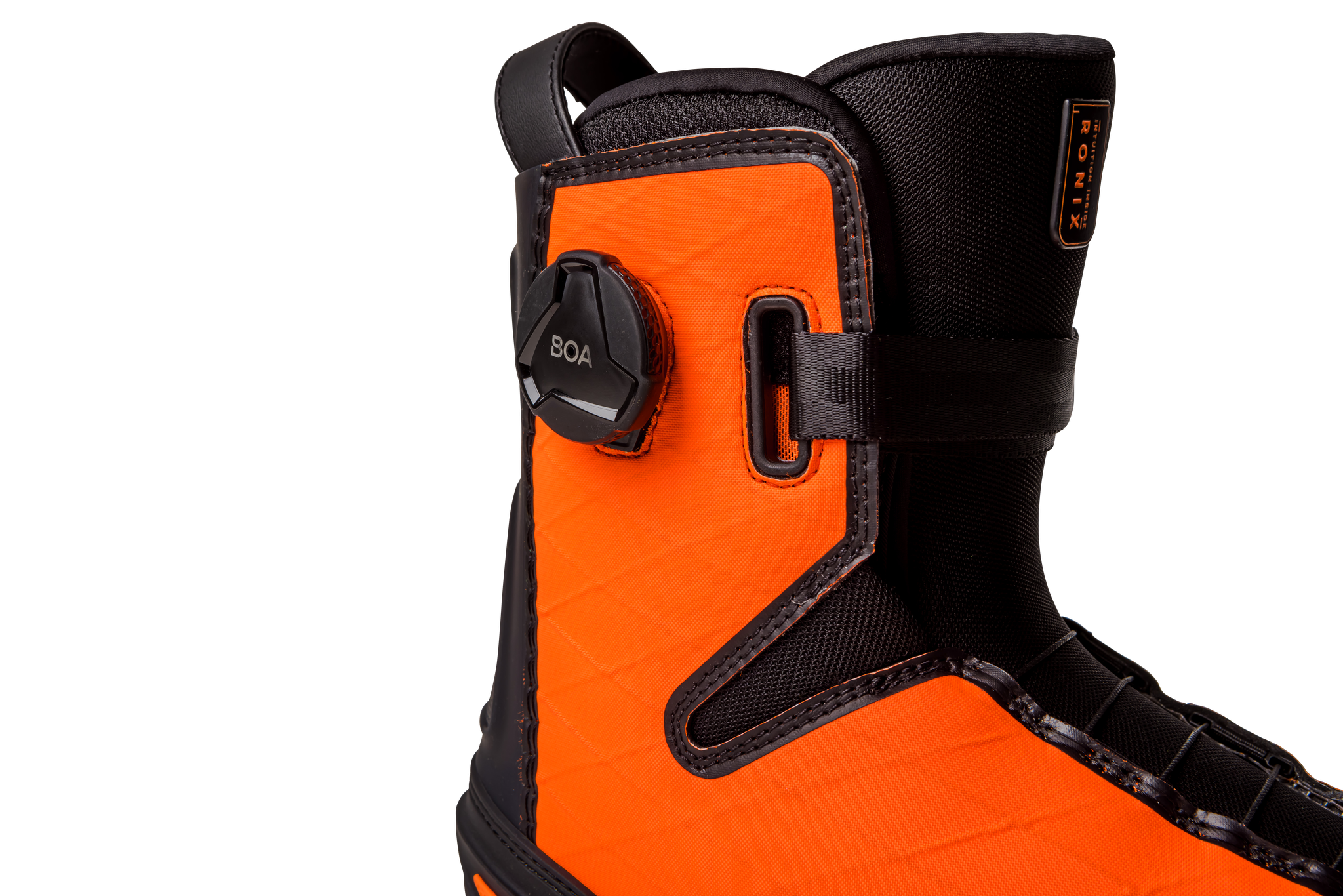 Close-up of the Ronix 2023 RXT Boa Boots by Ronix, featuring an orange and black design, BOA dial lacing system, textured pattern, and heat moldable liner, displayed against a plain white background.
