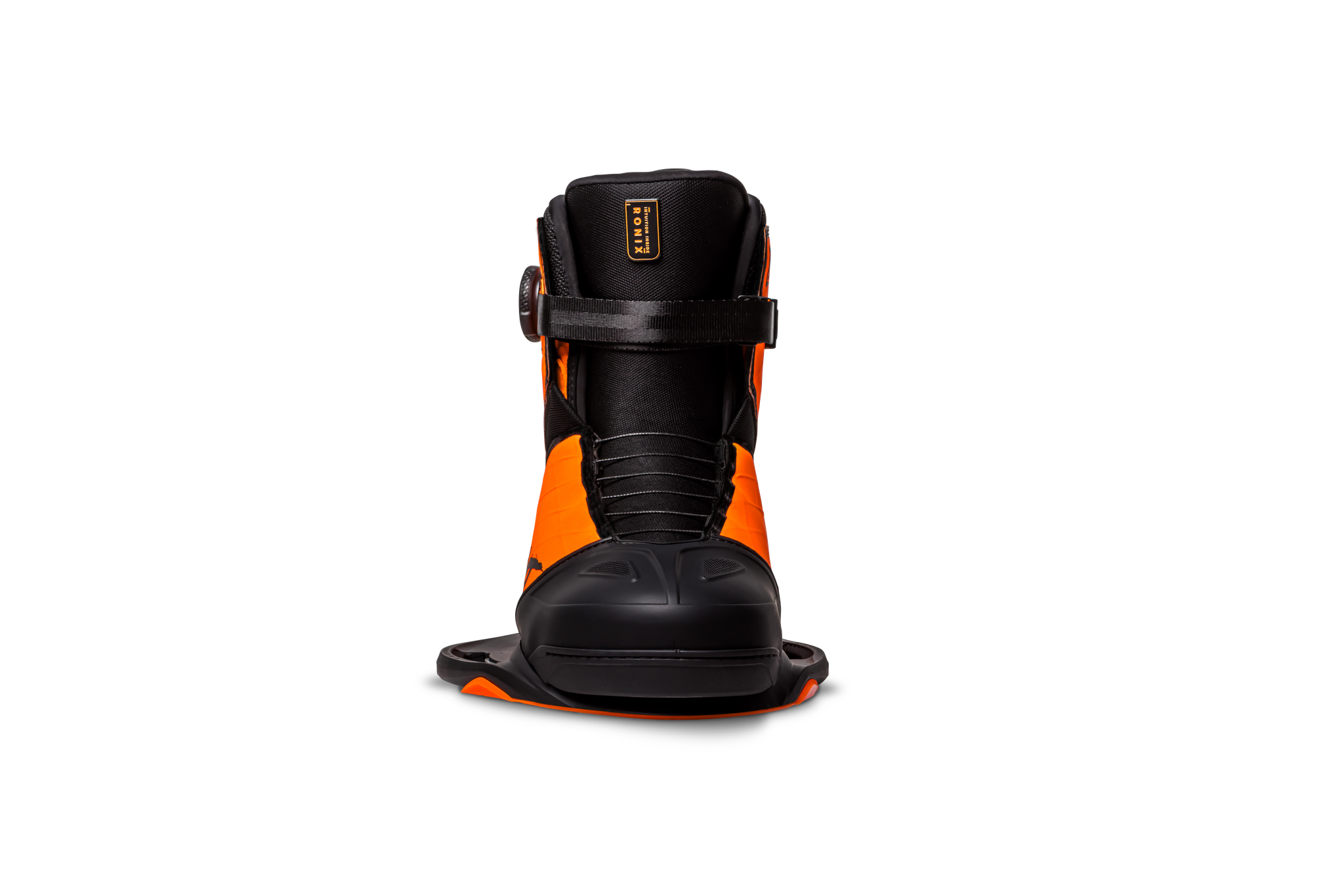 The Ronix 2023 RXT Boa Boots by Ronix feature an orange and black design with a black strap, sole, adjustment dial, and heat moldable liner, shown from the front against a plain white background.