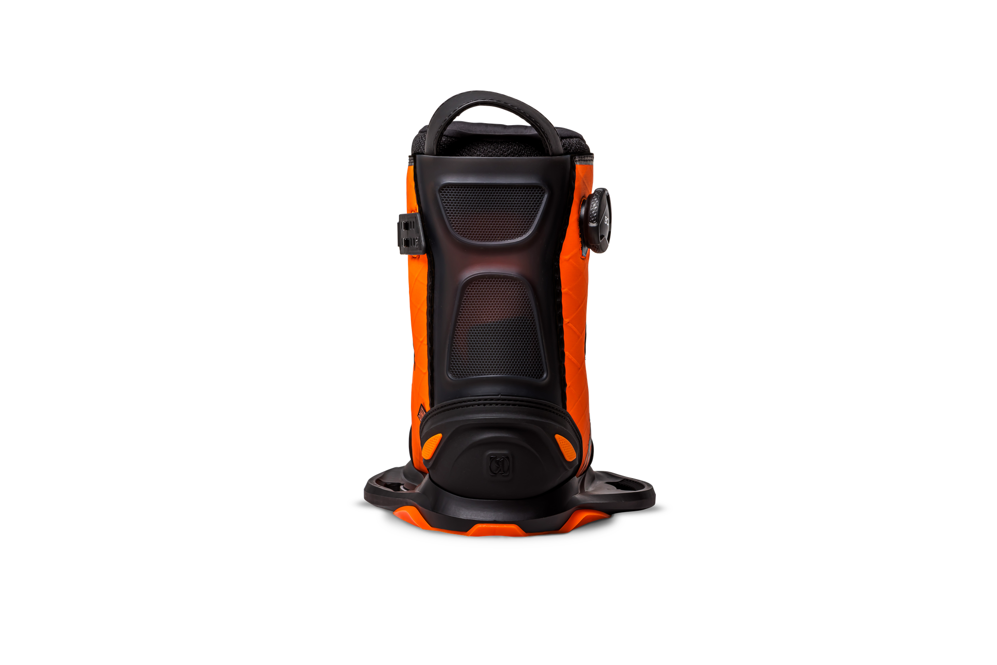 A single Ronix 2023 RXT Boa Boot snowboard binding in orange and black, featuring BrainFrame Technology with a highback, adjustment dial, and footplate, viewed from the back against a plain white background.