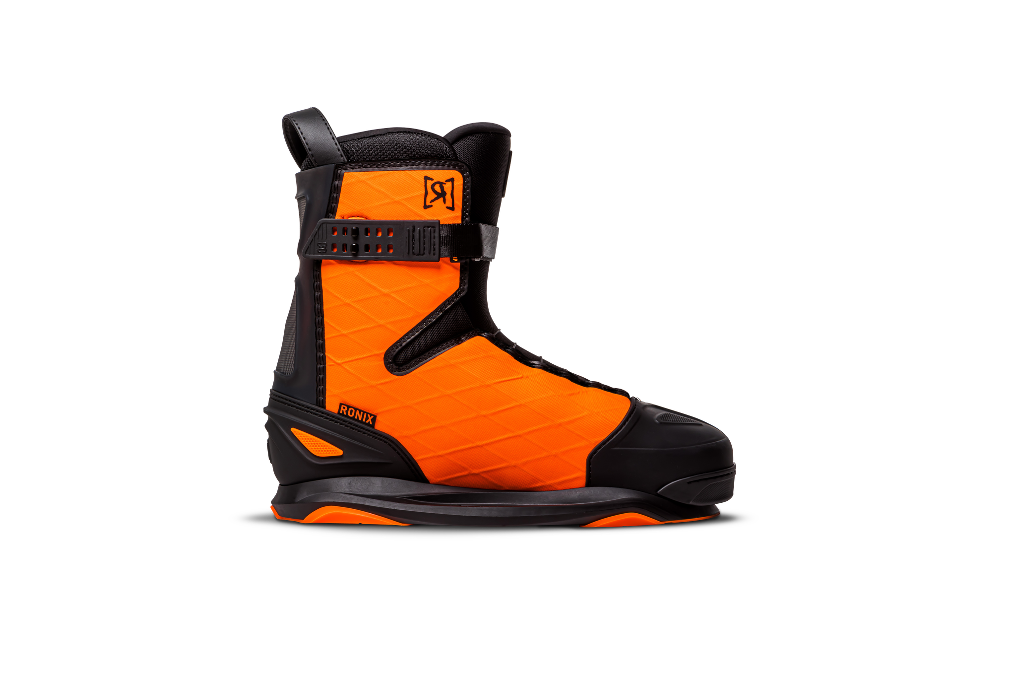 The Ronix 2023 RXT Boa Boot by Ronix is shown in profile on a white background, featuring an orange and black design, quilted texture, black buckle strap, black sole, and a heat moldable liner.