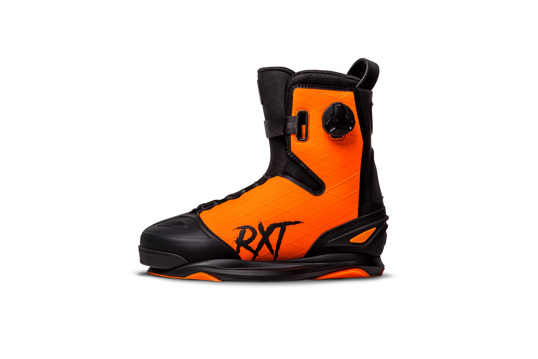 The Ronix 2023 RXT Boa Boots are orange and black wakeboard boots with BrainFrame Technology, a high ankle, black dial fastening system, and "RXT" printed on the side, shown on a plain white background.