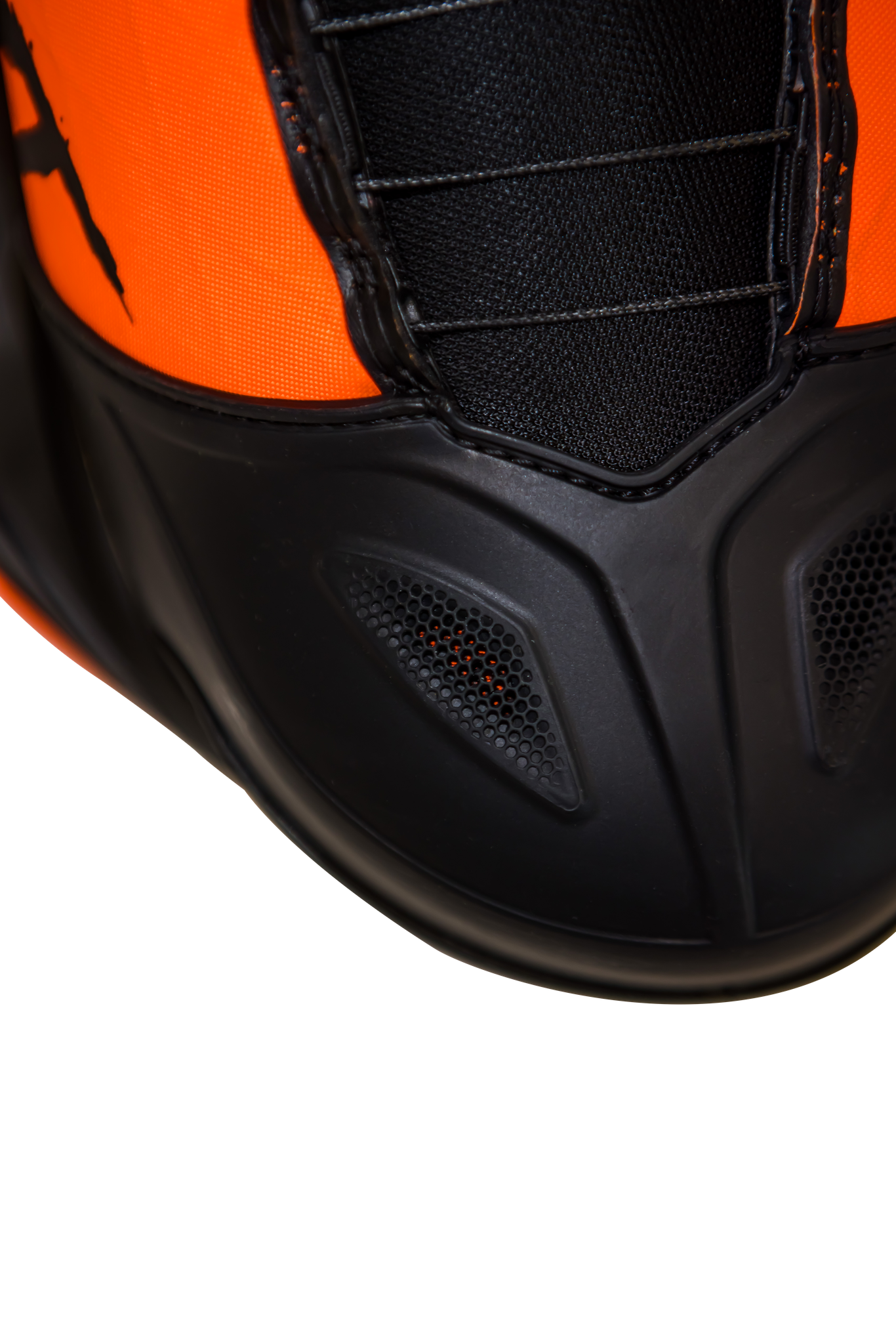 Close-up of the Ronix 2023 RXT Boa Boots tip, showing black mesh ventilation, front stitching details, and a heat moldable liner for a custom wake boot-inspired fit.