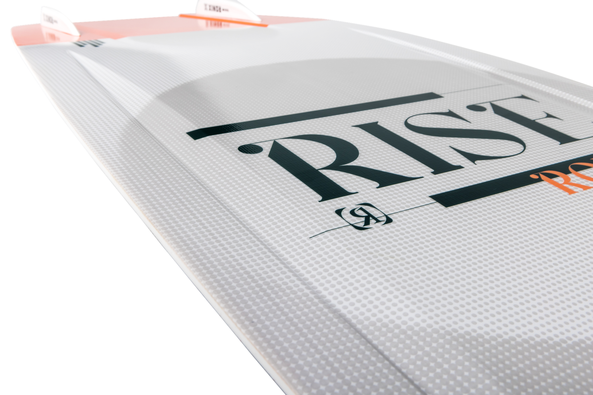 Close-up of the Ronix 2023 Women's Rise Air Core 3 Wakeboard, featuring a textured white design with bold black "RISE" lettering and red accents, highlighting the Ronix branding and board details against a plain backdrop.