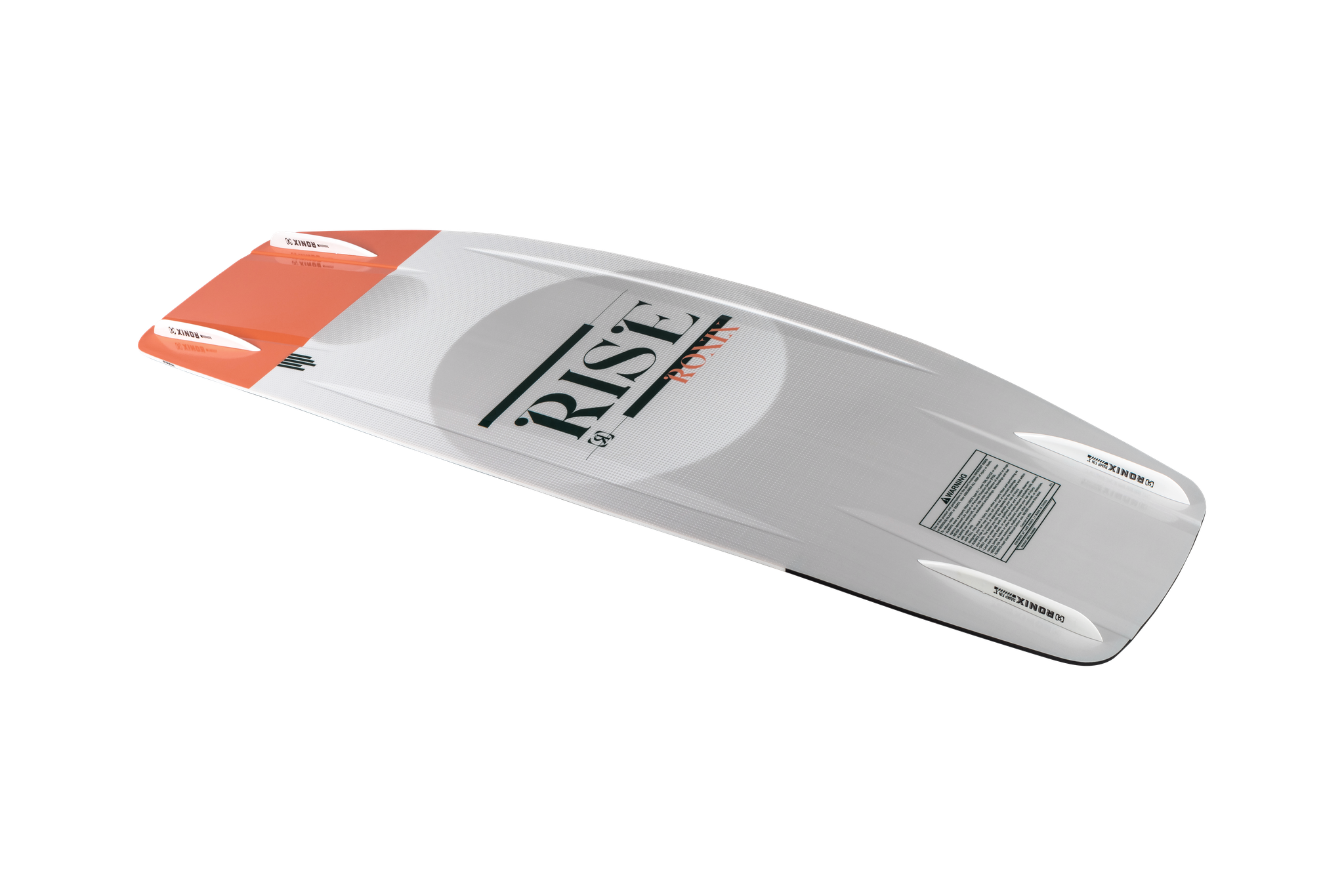 The Ronix 2023 Women's Rise Air Core 3 Wakeboard features a white and orange design with RISE printed boldly on top, grooves, fins at both ends, and a sleek, hydrodynamic shape for maximum performance on the water.