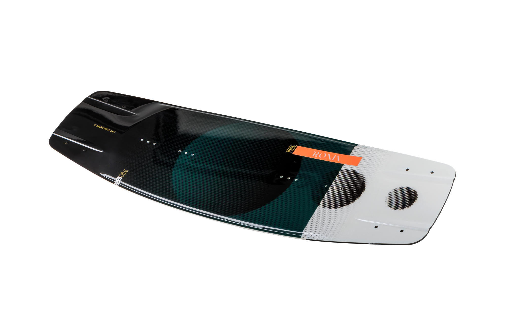 The Ronix 2023 Women's Rise Air Core 3 Wakeboard is a lightweight, modern board with a glossy black and white design, green accents, orange Ronix label, and two circular pads for enhanced style and performance.