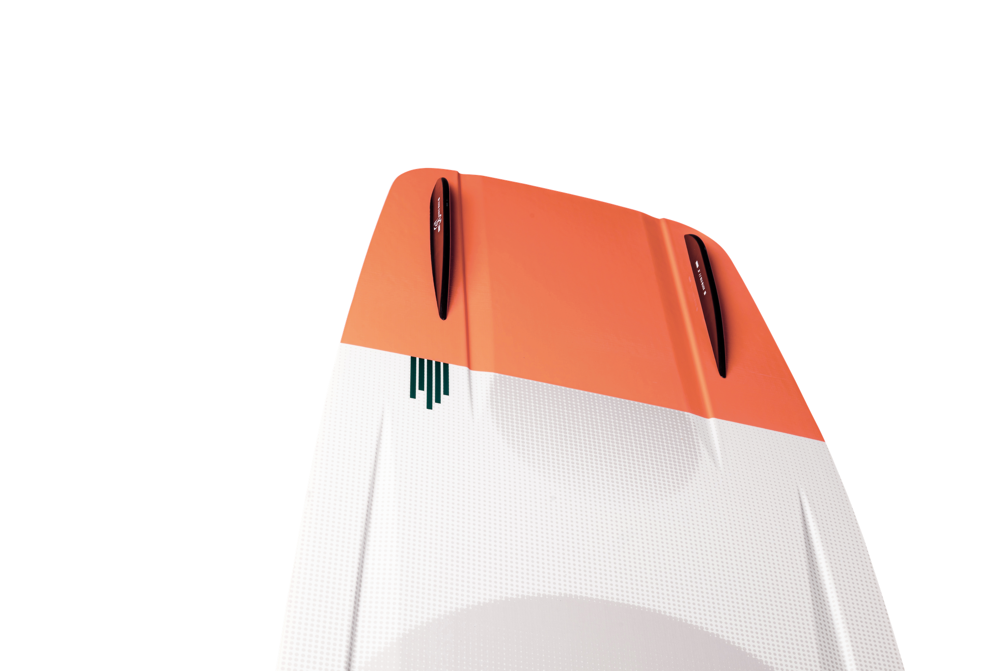 A close-up of the Ronix 2023 Women's Rise Air Core 3 Wakeboard, a lightweight white and orange board by Ronix, featuring two black footstrap mounts, displayed against a plain white background.