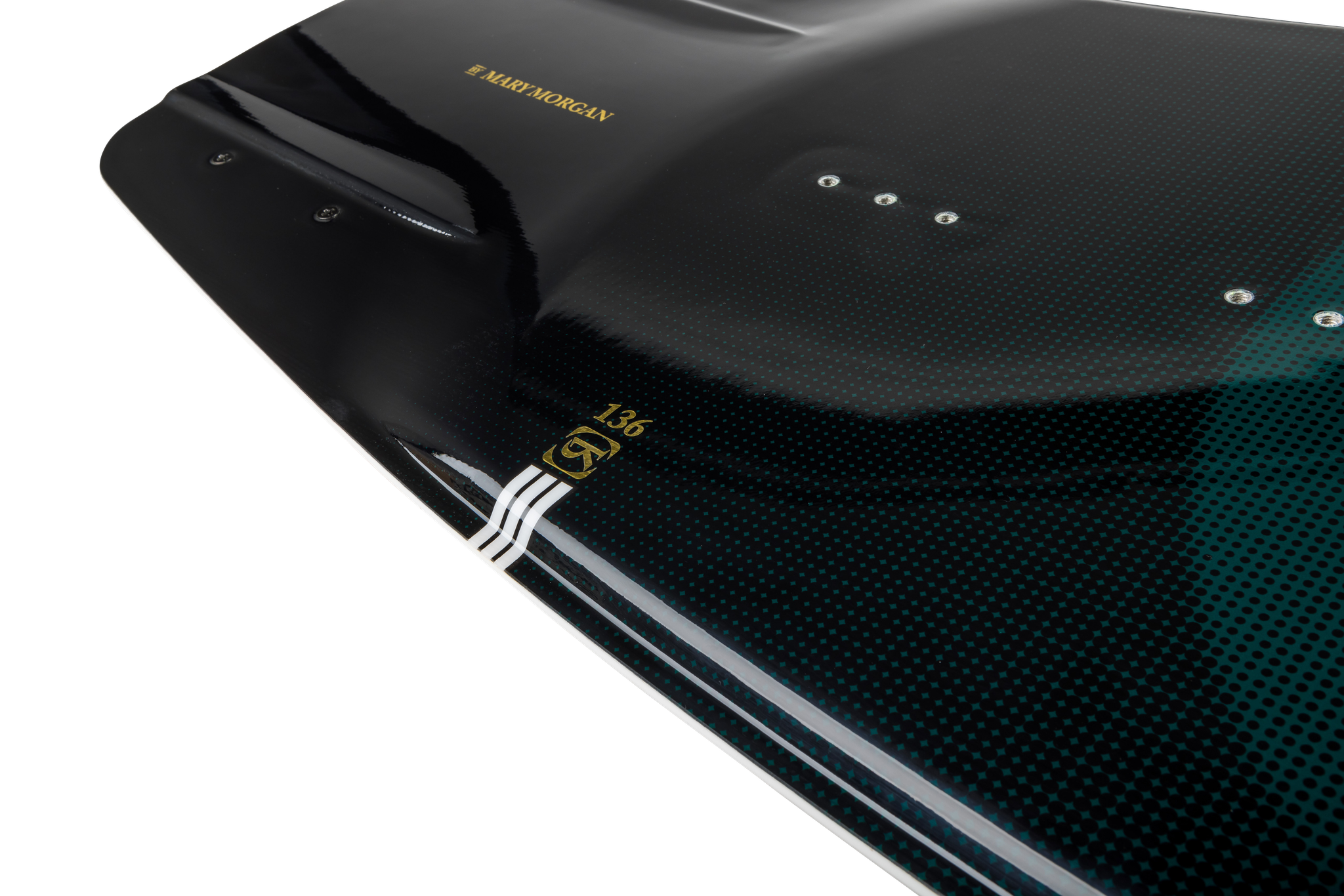 Close-up of the Ronix 2023 Women's Rise Air Core 3 Wakeboard, a lightweight black carbon fiber board with teal accents, gold Ronix branding, and “136” on its glossy surface, set against a white background.