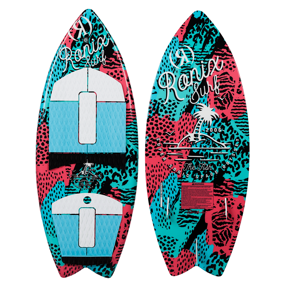 A Ronix 2024 Super Sonic Girl's Fish Wakesurf Board - 3'9" with a pink and blue design.