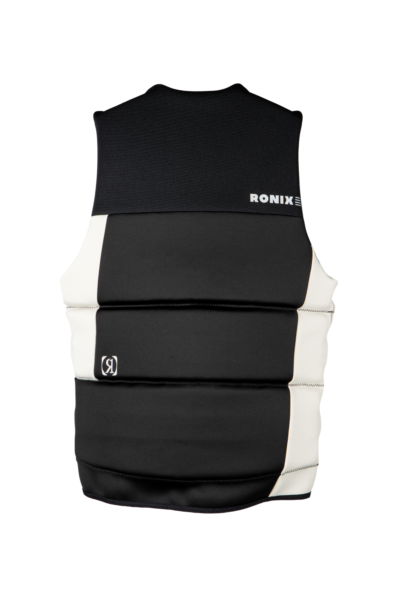 A black and white Ronix 2024 Supreme Yes Men's CGA Vest with the word rokki on it, designed for buoyancy and mobility.
