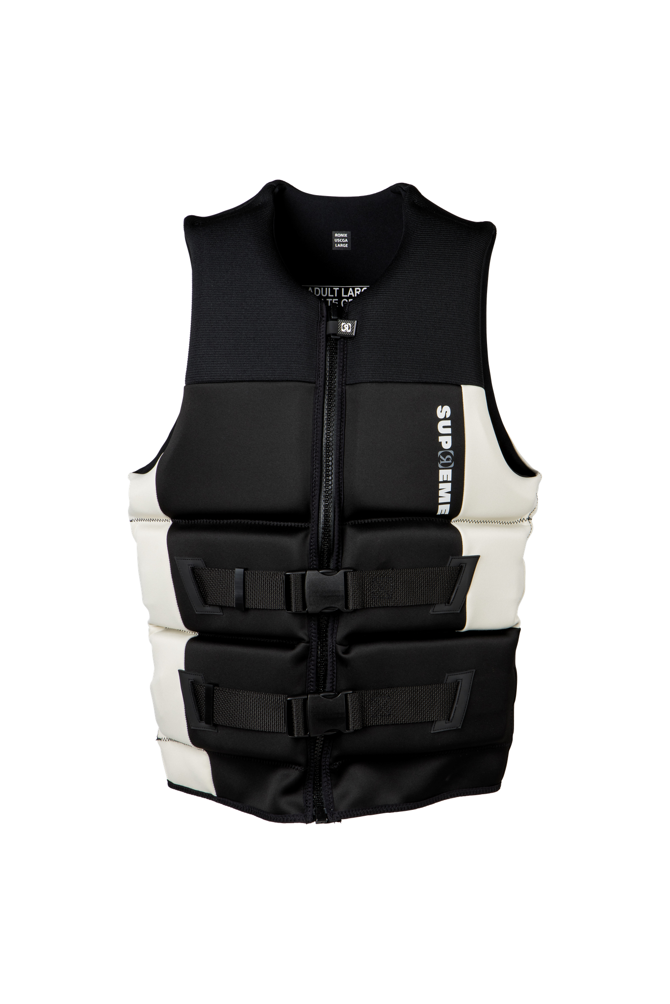 A black and white Ronix 2024 Supreme Yes Men's CGA Vest with buoyancy and mobility features on a black background.