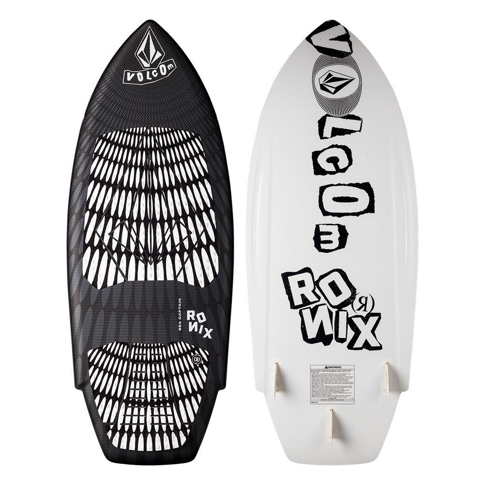 A Ronix 2024 Volcom Sea Captain wakeboard with the word vox on it, designed for surfer enthusiasts looking for a board with excellent edge hold and an impressive thruster setup.
