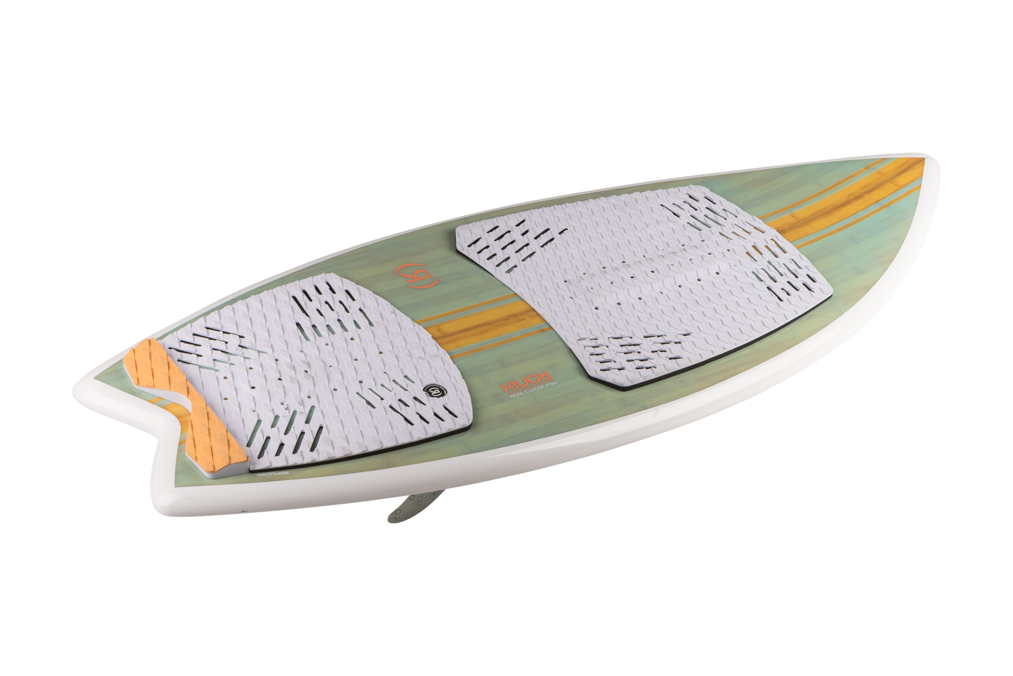 A vibrant green Ronix 2024 Women's Koal Fish Wakesurf Board with the Koal Classic Construction design on a sleek black background.