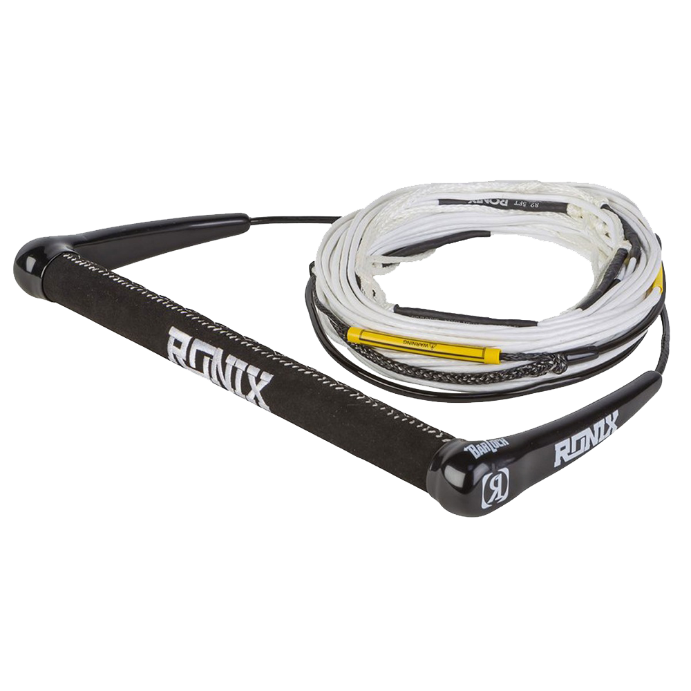 A black and white Ronix Combo 5.0 - Dyneema Bar Lock - Hide Grip w/R6 80ft Rope with a yellow grip attached to its mainline.