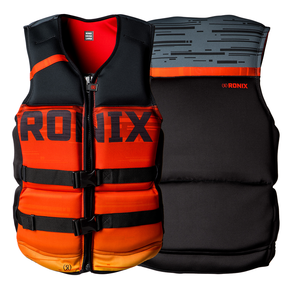 A Ronix Coast Guard Approved life jacket with oversized arm holes and the word Ronix Megacorp Capella 3.0 Men's CGA Vest on it.