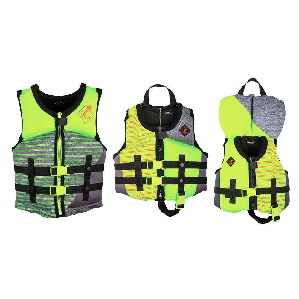 A colorful array of Ronix Vision Kid's CGA Vests for boys.