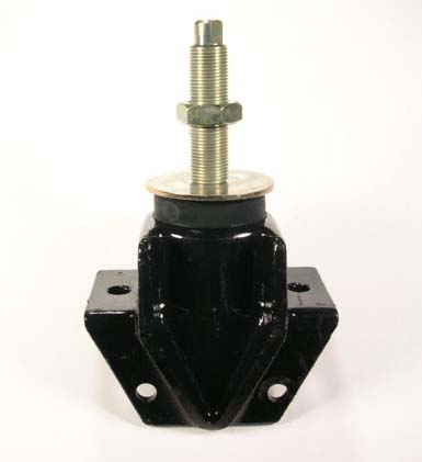 The Indmar PAD STRINGER FRONT ASSEMBLY - 535000 is a black metal engine mount featuring a threaded rod and nut on top plus two base mounting holes. Shown on a plain white background. Compatible with Indmar products.