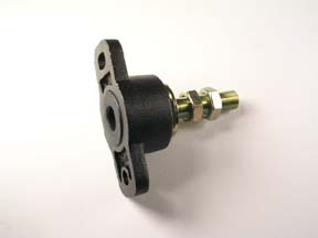 The Indmar PAD STRINGER FLAT - 535032 by Indmar is a metal component with a black mounting bracket and a silver threaded fitting, shown against a plain white background.