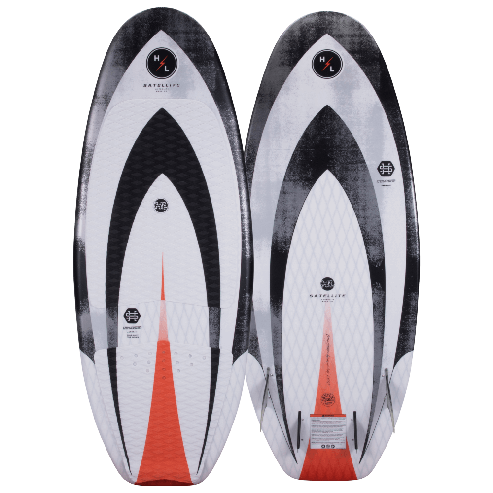 A white and orange Hyperlite 2022 Satellite Wakesurf Board with a surf style on a black background.