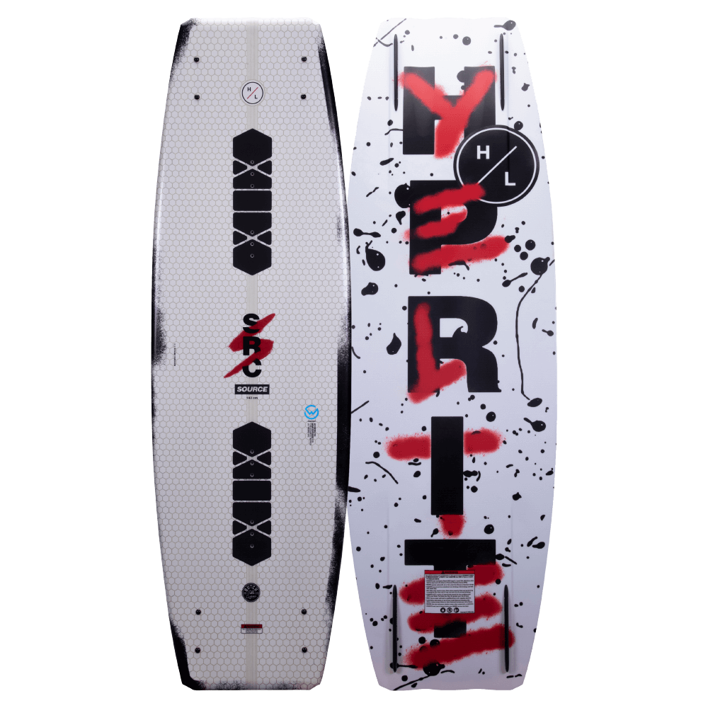 The Hyperlite 2022 Source wakeboard features a striking black and red design, showcasing a three-stage pop.