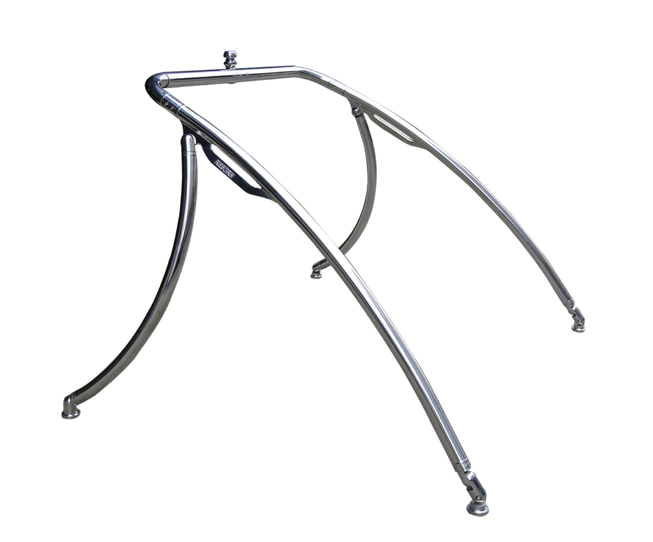 The Reborn Elevate Wakeboard Tower Shining Polished by Reborn is a metallic tower frame with four curved legs and joints, designed for universal boat mounting. The freestanding structure shines against a white background.