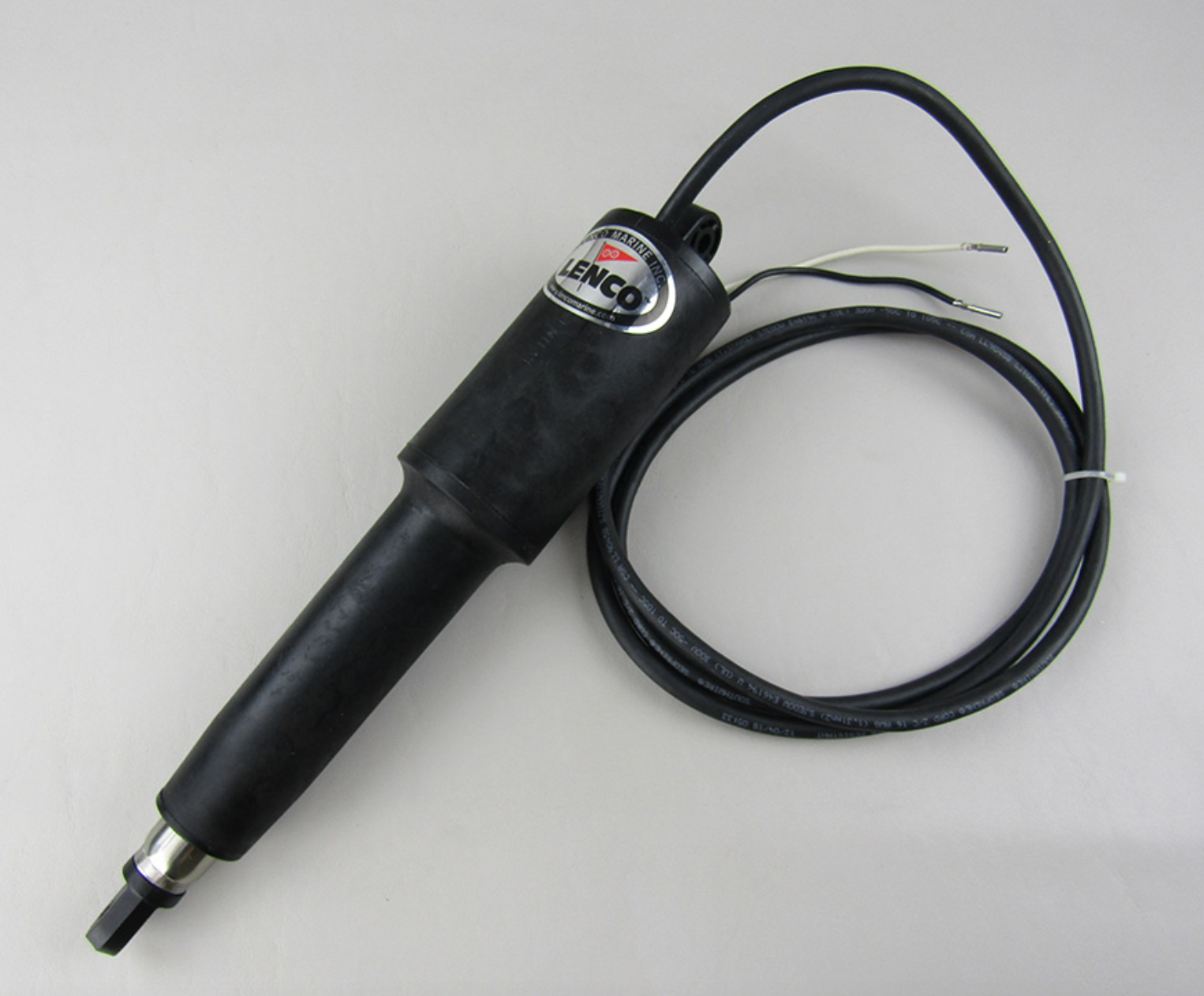 A black Malibu handheld electric tool labeled "LENCO," with a thick cable ending in two exposed wires and a metal tip, compatible with Malibu Actuator, Surf Gate, Fast (1.66 in/sec) - 5615010 systems.