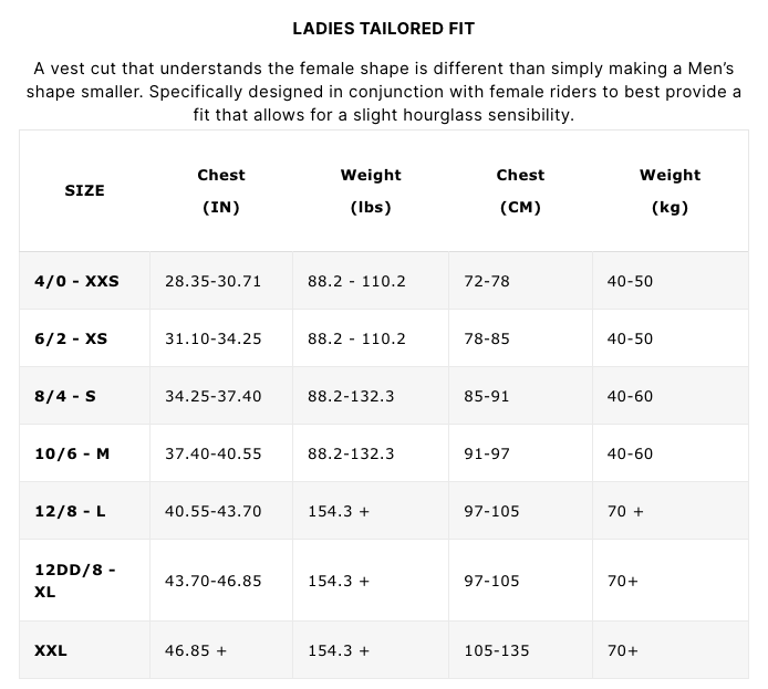 Size chart for men's clothing, featuring maximum flex of the Follow Primary Ladies Jacket - Black by Follow Wake.