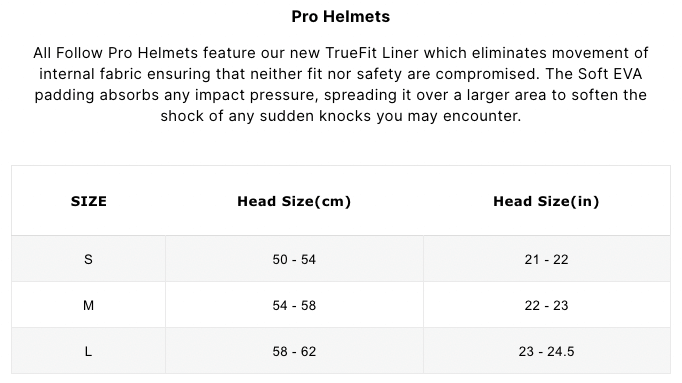 The size chart for a women's Follow Wake hat featuring TrueFit Liner and EVA padding.