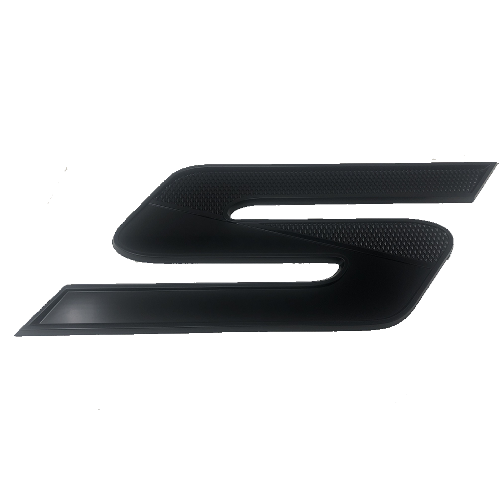 The Supra Hull Decal, Black Chromax - 115130, features a sleek black S emblem with modern, textured details—ideal for Supra boats—and stands out on a plain white background.