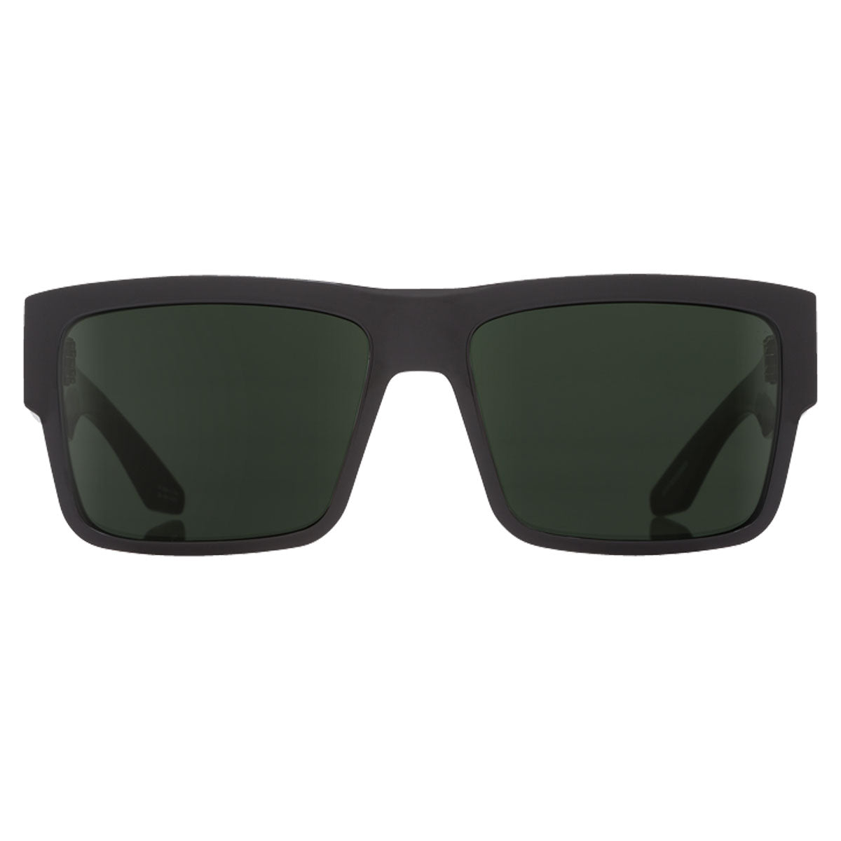 The Spy Cyrus Black / Happy Grey Green sunglasses by Spy feature a black rectangular frame with dark green polarized lenses and UV protection, shown front-facing against a white background.
