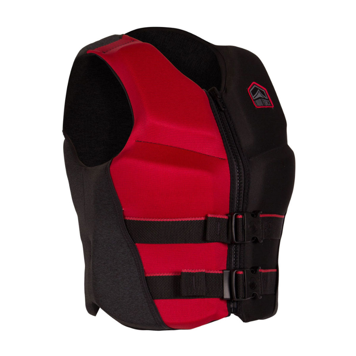 The Liquid Force Koa Junior CGA Vest in red and black boasts lightweight fabric and two adjustable buckle straps, providing a blend of comfort and safety. Designed for optimal flotation, it is Coast Guard approved to ensure your child's security during water activities.