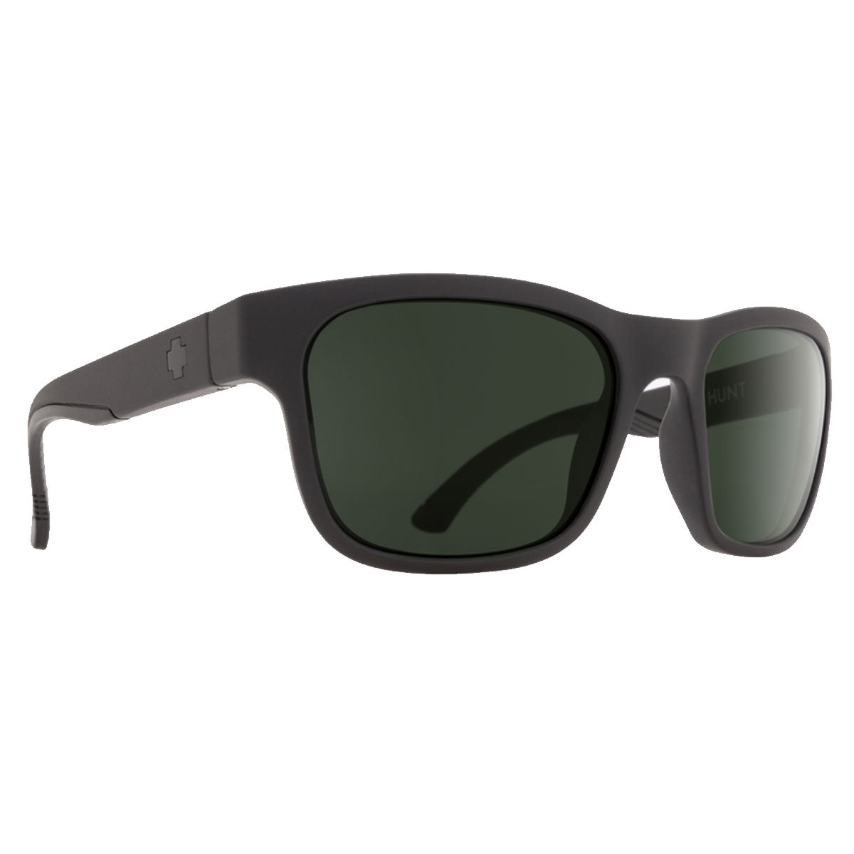 Spy Hunt sunglasses by Spy feature a matte black frame, Happy Gray Green polarized rectangular lenses, thick arms, UV protection, and a small cross logo on the side.