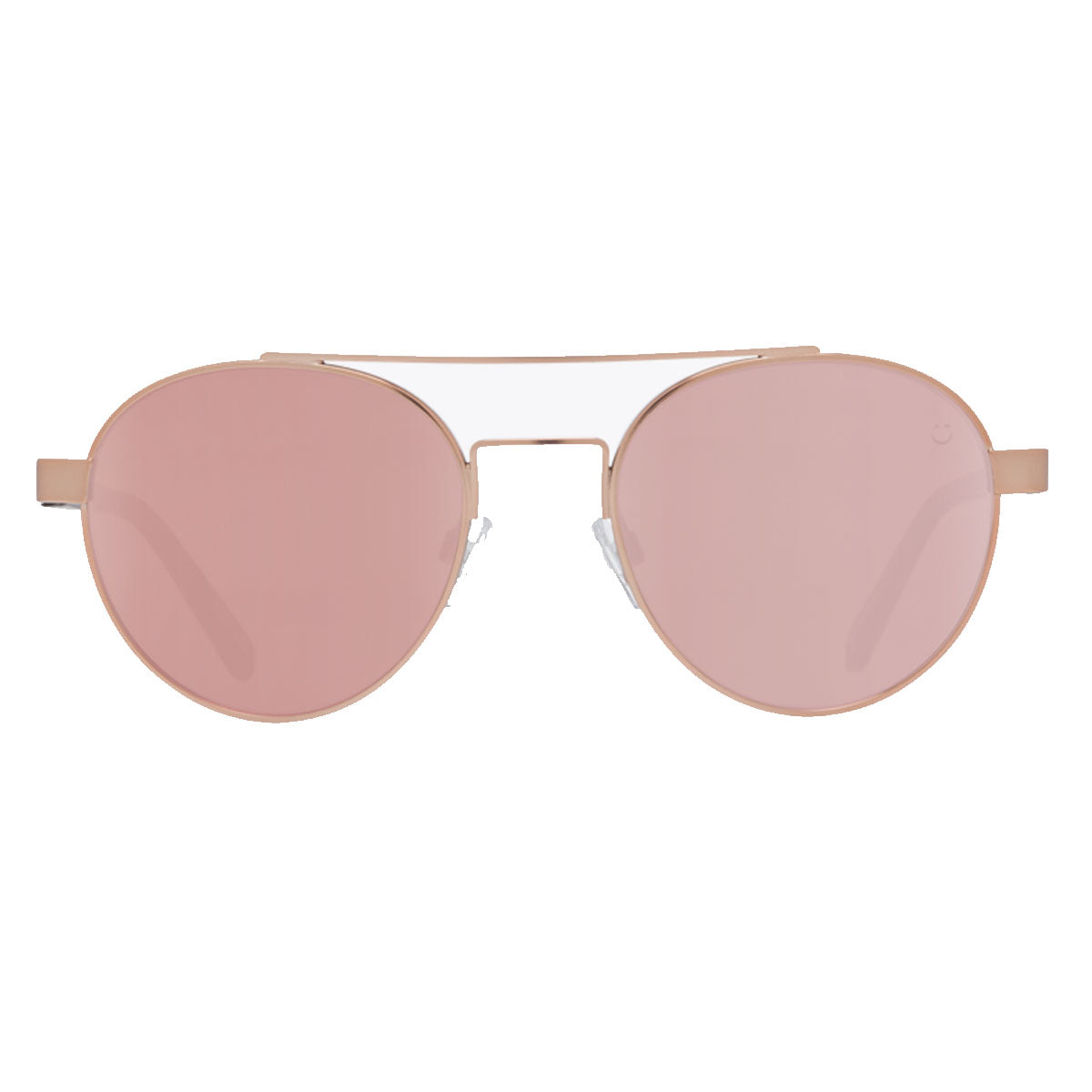 Spy Deco aviator sunglasses from Spy feature thin matte rose gold frames and rose gold spectra lenses, offering 100% UV protection. Shown against a white background.