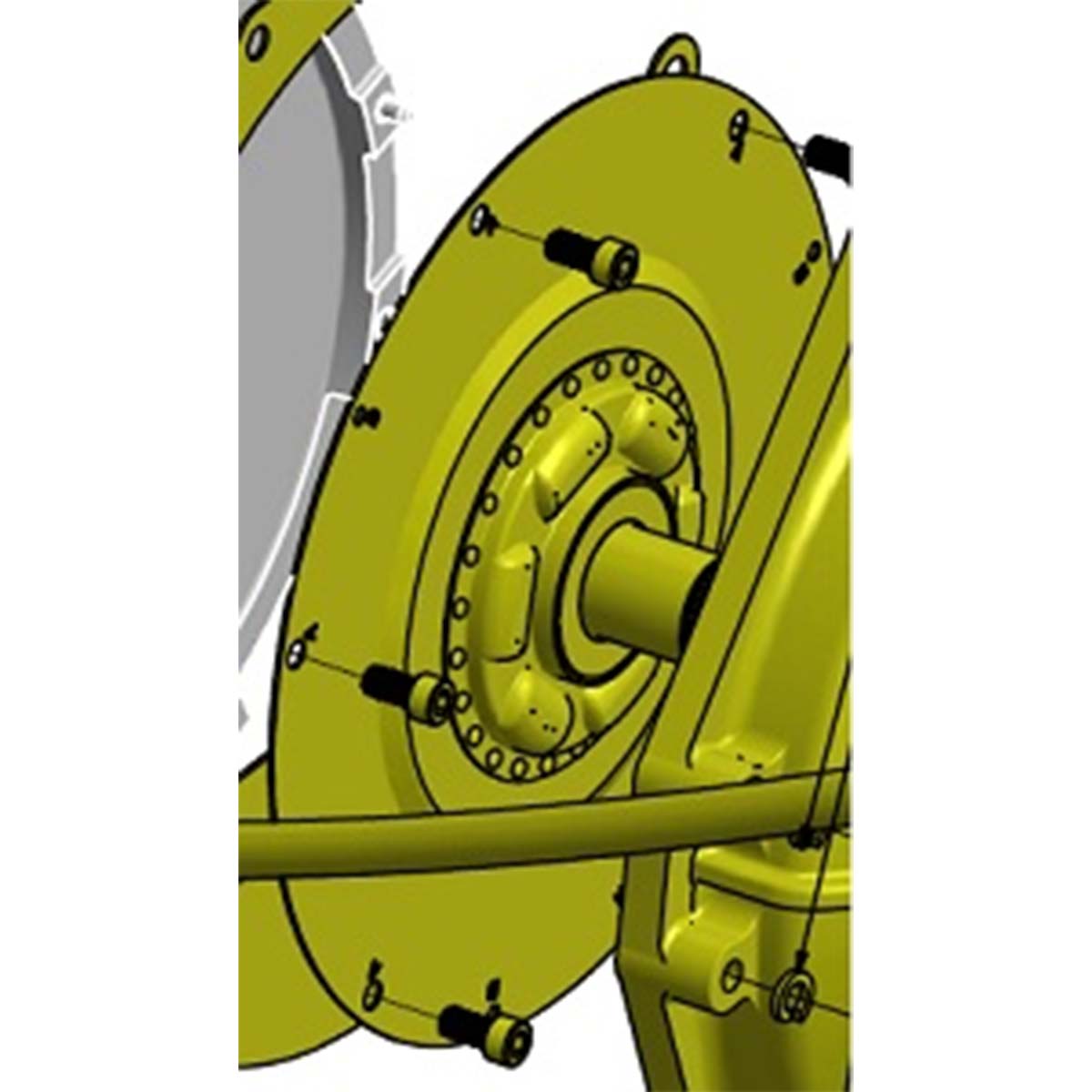 A 3D-rendered illustration of an Indmar PLATE DRIVE 6.2L FORD - 597023 mechanical component, showing a circular yellow housing with edge bolts and a central shaft, part of an Indmar assembly for a 6.2L FORD engine.