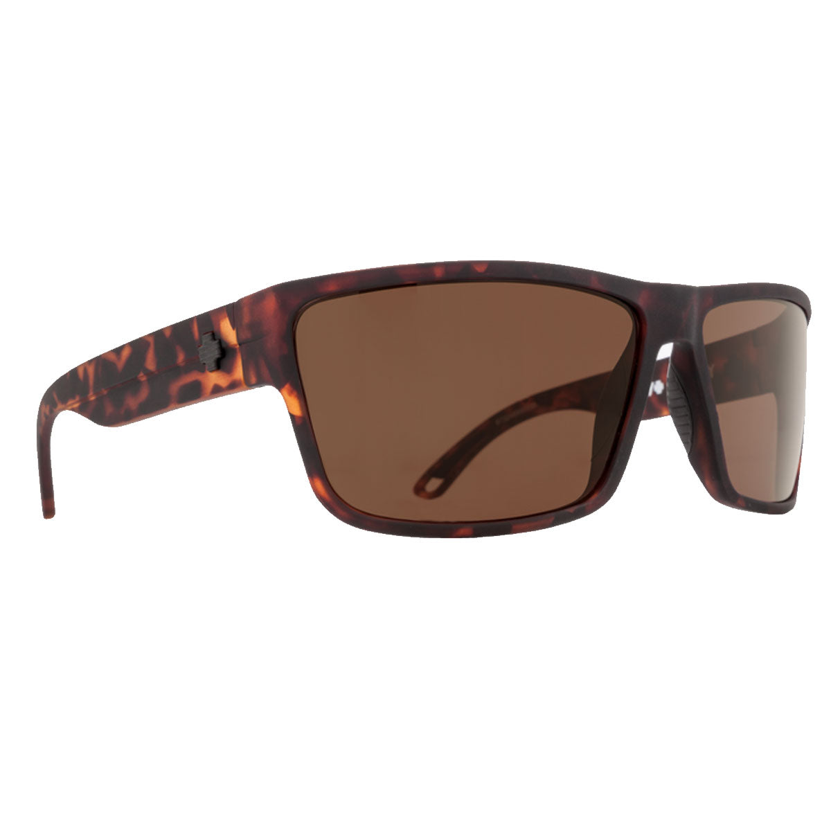 The Spy Rocky sunglasses in Matte Camo Tort with Happy Bronze lenses feature a rectangular shape, polarized 100% UV protection, and are displayed at an angle on a white background.