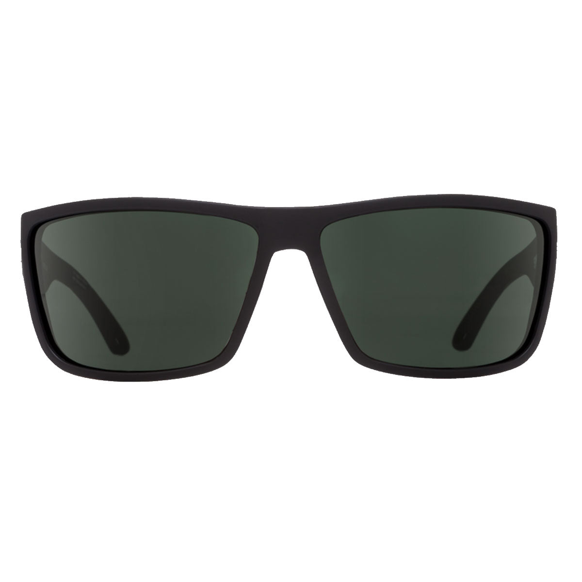The Spy Rocky sunglasses by Spy in Matte Black feature rectangular frames, HD Plus Gray Green Polar lenses with 100% UV protection, shown from the front on a white background.