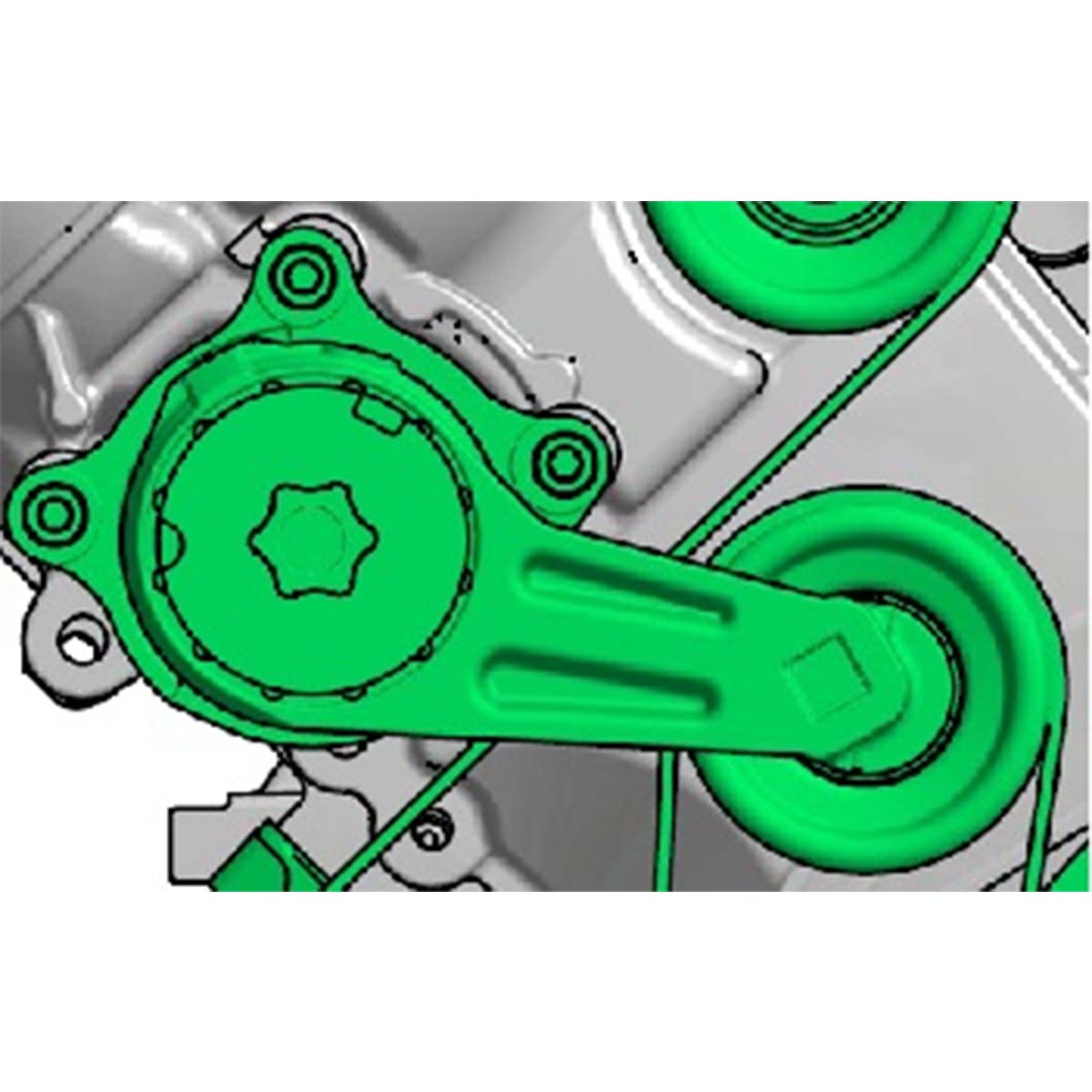 Diagram highlighting the Indmar TENSIONER ASY FORD 6.2 - 597025, with pulleys and mounting points, attached to the supercharged engine. Brand: Indmar.