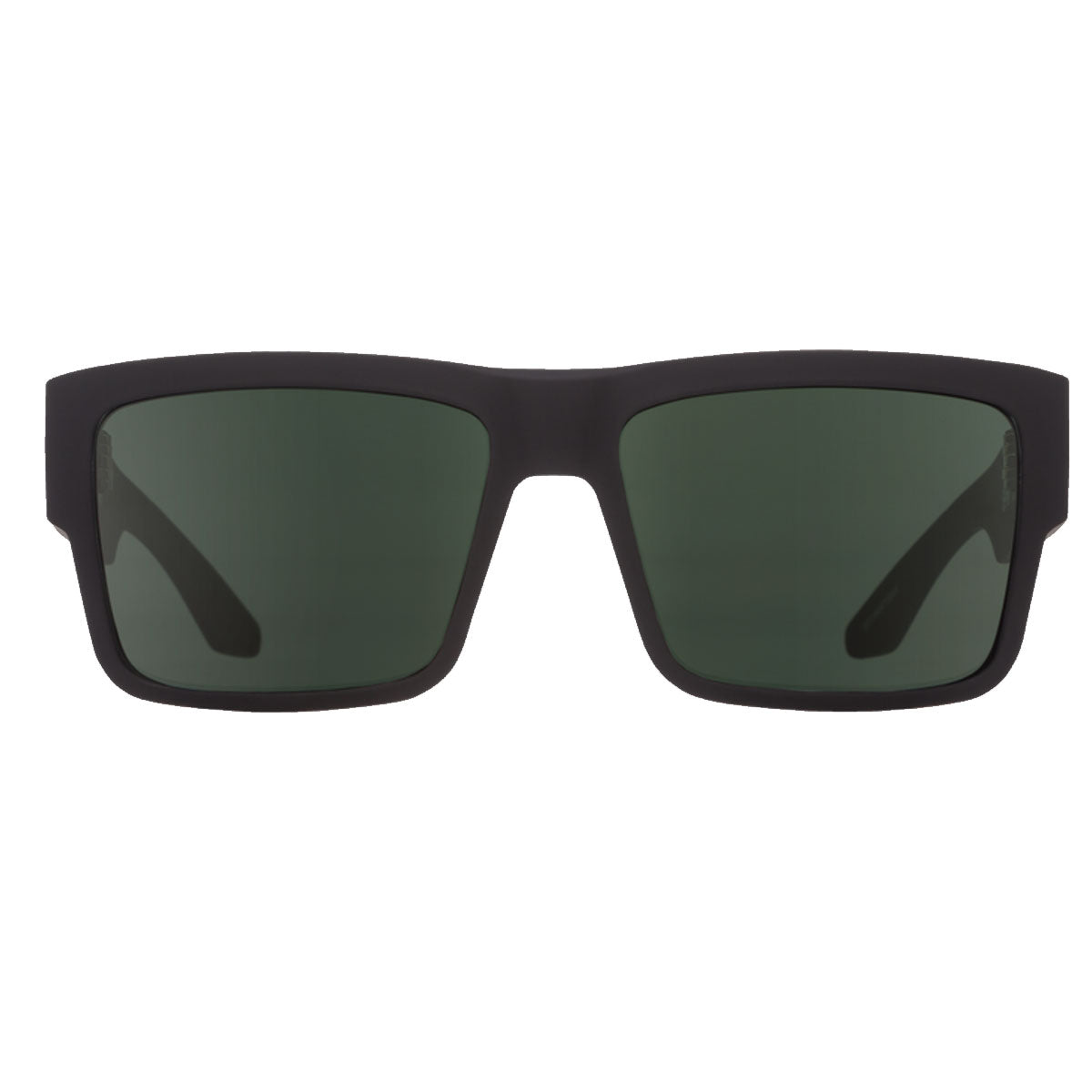 The Spy Cyrus sunglasses in Soft Matte Black feature rectangular frames and HD Plus Green Polar lenses for UV protection, shown from the front against a white background.