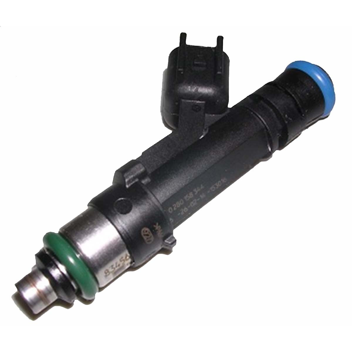 A close-up of an Indmar INJECTOR FUEL FORD 6.2 (400 & 440) - 597033 shows its black body, metal tip, green O-ring, and blue cap—ideal for Ford 6.2 engines—set against a white background. Brand: Indmar.