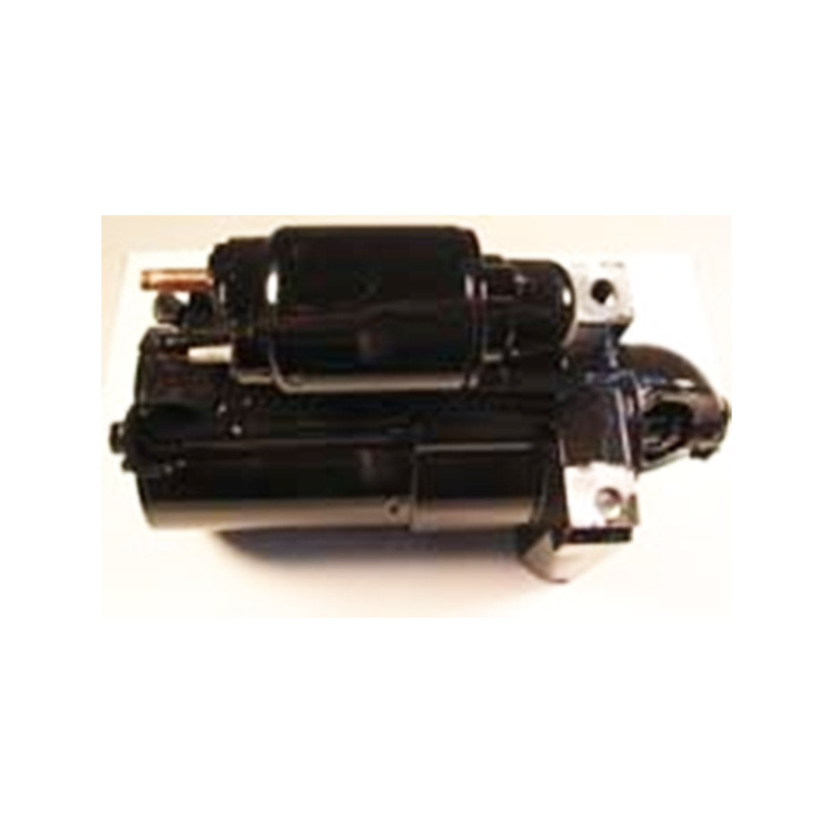 An Indmar STARTER BMT. MOUNT LS-1 &6.0 L - 571005 starter motor by Indmar, featuring metallic BMT mount brackets, is shown in black on a plain white background.