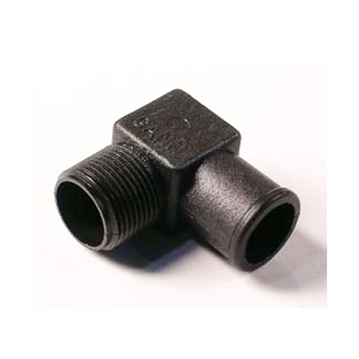 The Indmar Nylon Elbow Fitting 3/4 x 1" (605012) is a black plastic elbow with one threaded and one smooth end for connecting pipes at a right angle.