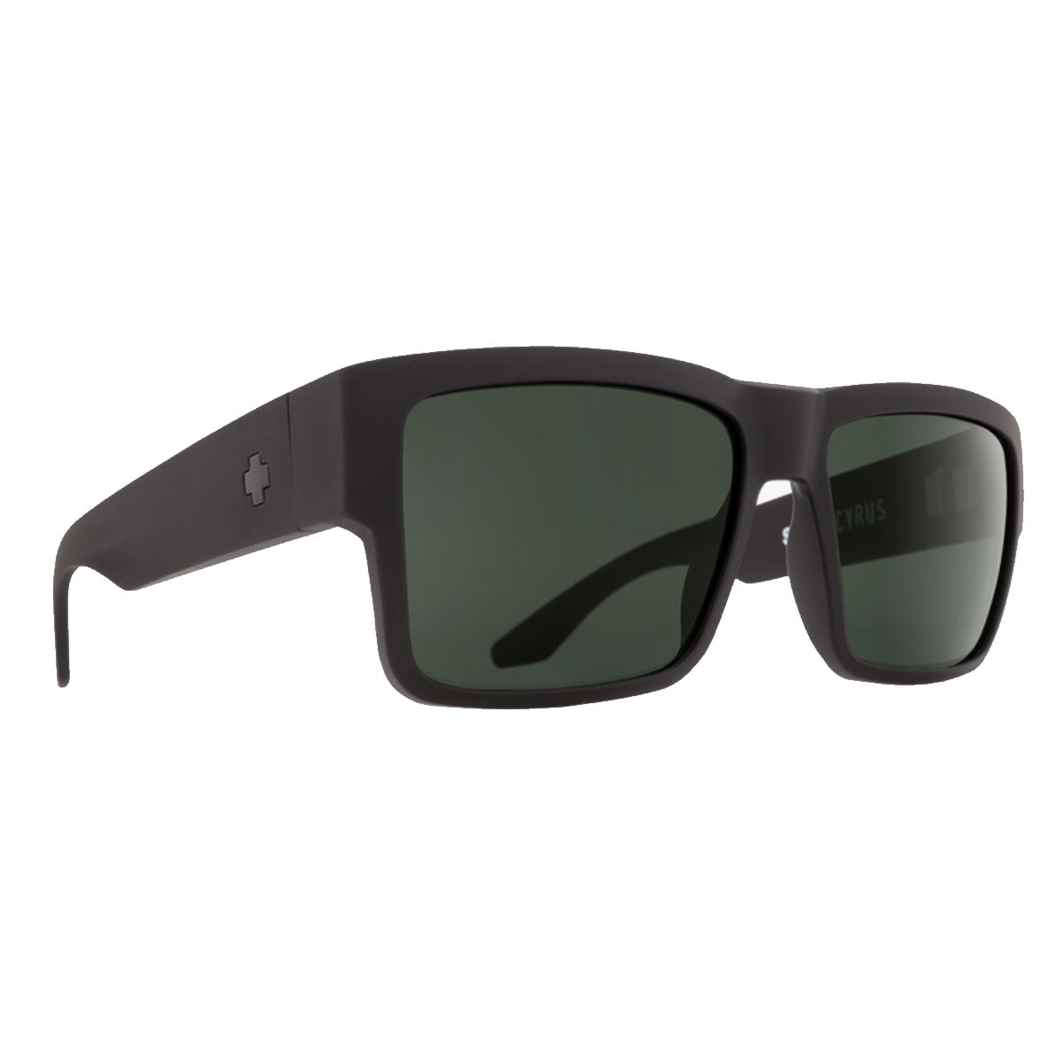 Spy Cyrus sunglasses in Matte Black with HD Plus Gray Green lenses have a bold rectangular shape, thick frames, and a small cross logo on the temple for a sleek, modern look. Shown at an angle on a white background. Brand: Spy.