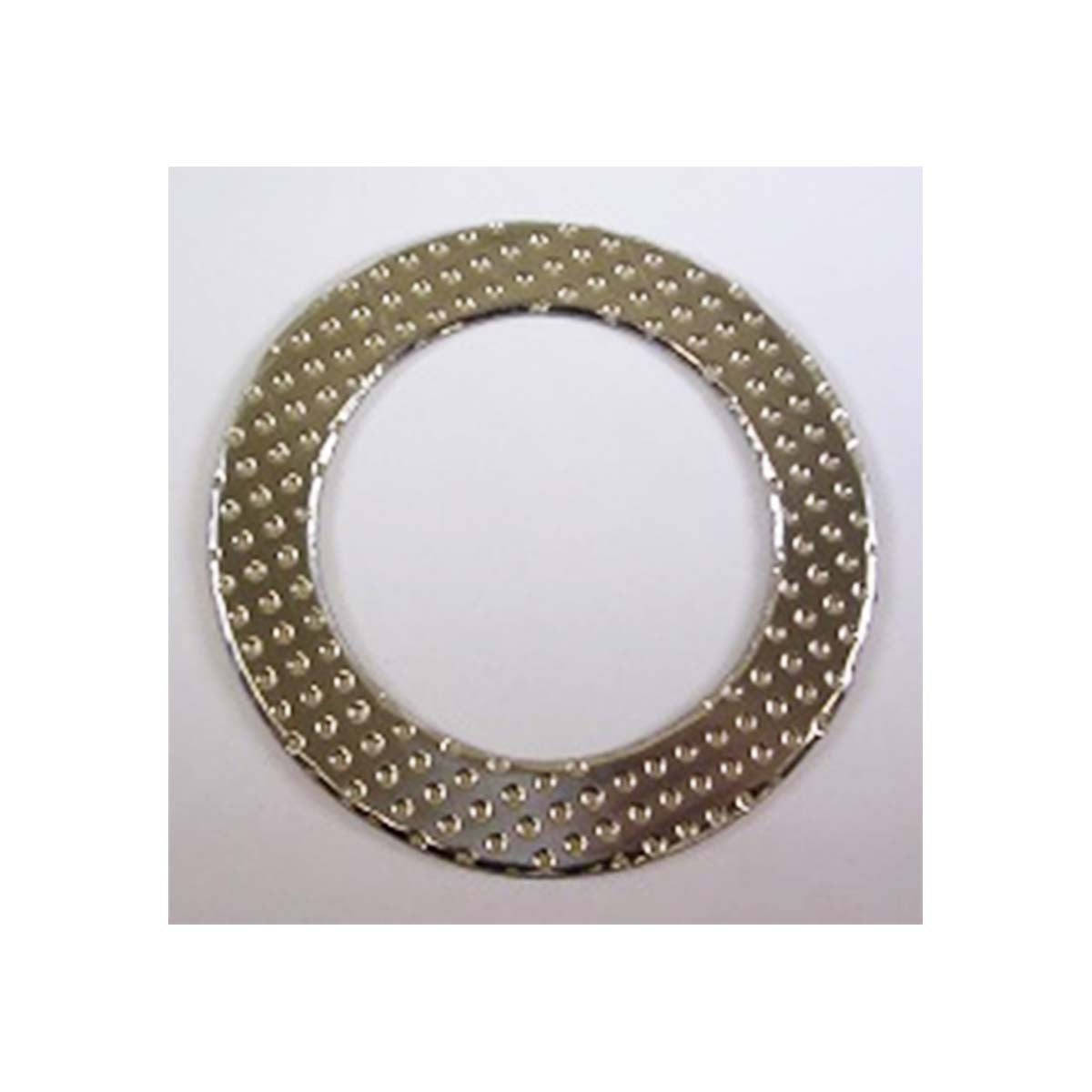 A silver circle with holes, resembling the Indmar GASKET ARMORED EXHAUST ELBOW 6.2 - 597048.