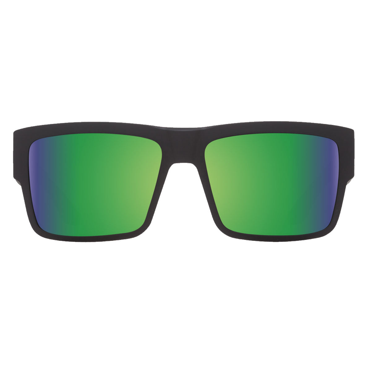 The Spy Cyrus sunglasses by Spy feature a matte black rectangular frame with reflective green Happy Bronze Polar/Green Spectra lenses, providing UV protection, displayed on a white background.