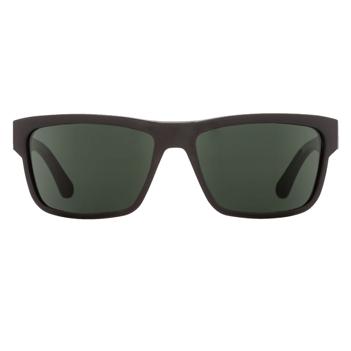 A pair of Spy Frazier sunglasses in black with HD Plus gray green polarized lenses, offering 100% UV protection, is shown facing forward against a white background.