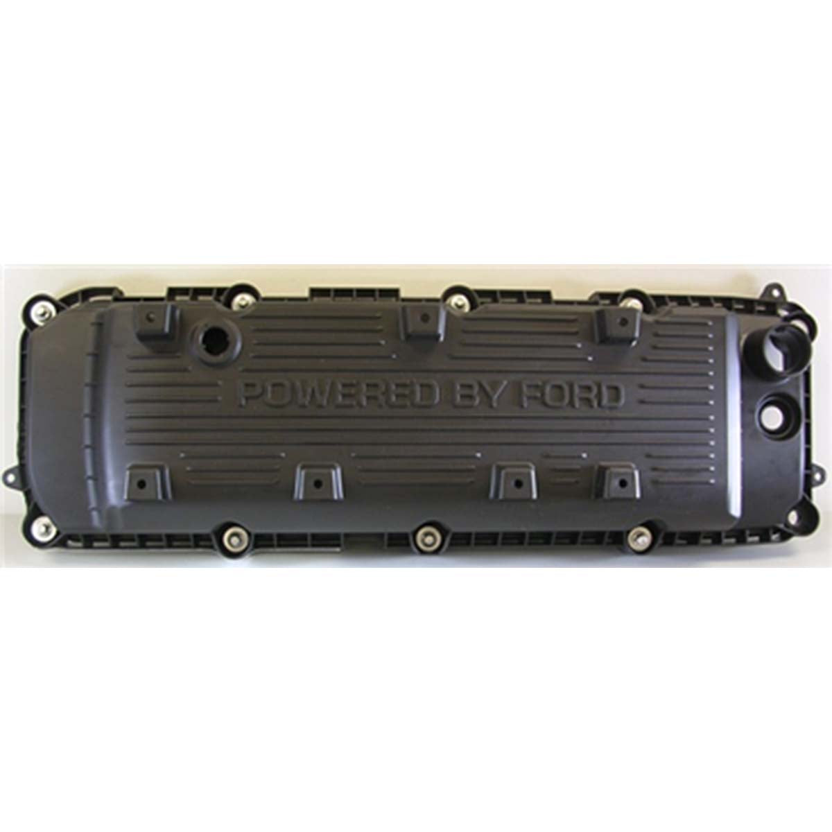 The Indmar COVER CAMSHAFT 6.2 FORD Bank 1 (Oil Fill Side) in black features "POWERED BY FORD" embossing and multiple bolt holes. Part number: 597071.