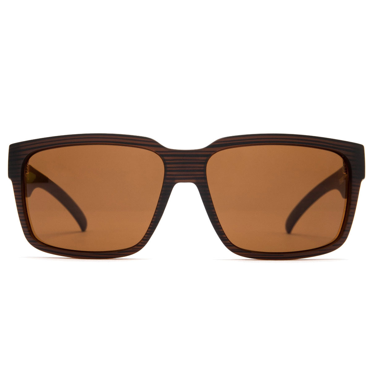 Otis the Double sunglasses by Otis feature a rectangular Woodland Matte frame with subtle stripes and brown polar lenses offering 100% UVA/UVB protection, shown from the front on a white background.
