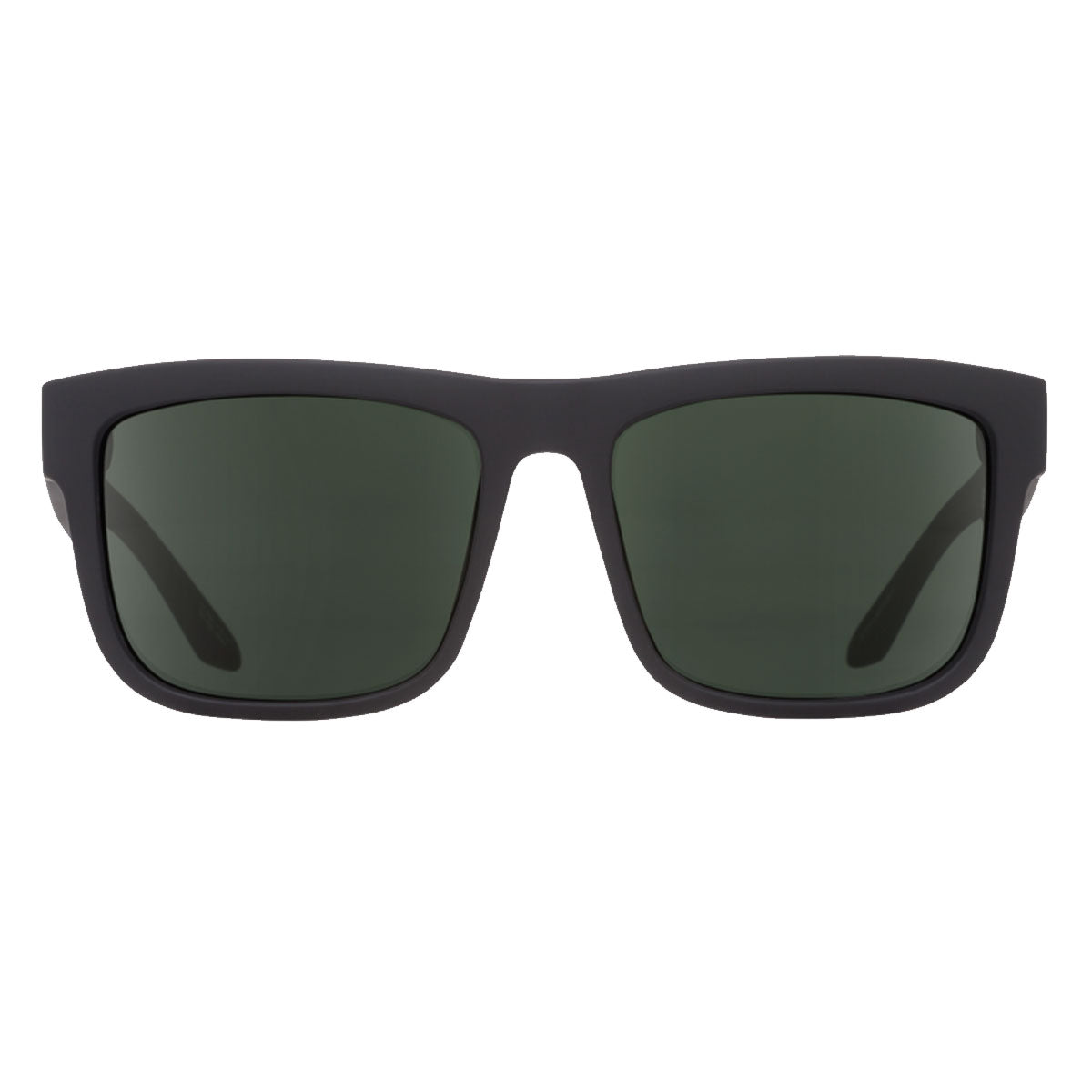 The Spy Discord in Soft Matte Black features a rectangular shape, HD Plus Gray Green Polar lenses with 100% UV protection, and is shown from the front against a white background.