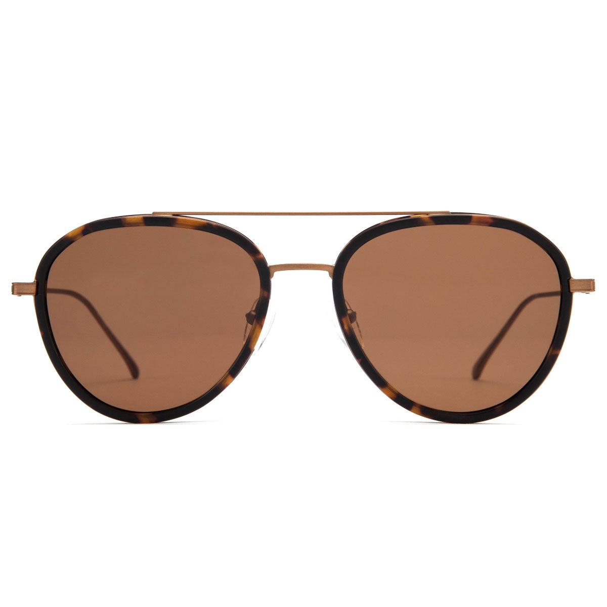 The Otis Templin - Matt Havana Tort/Brown Polar sunglasses by Otis feature brown mineral glass lenses, a tortoiseshell frame, and 100% UVA/UVB protection, shown from the front against a white background.