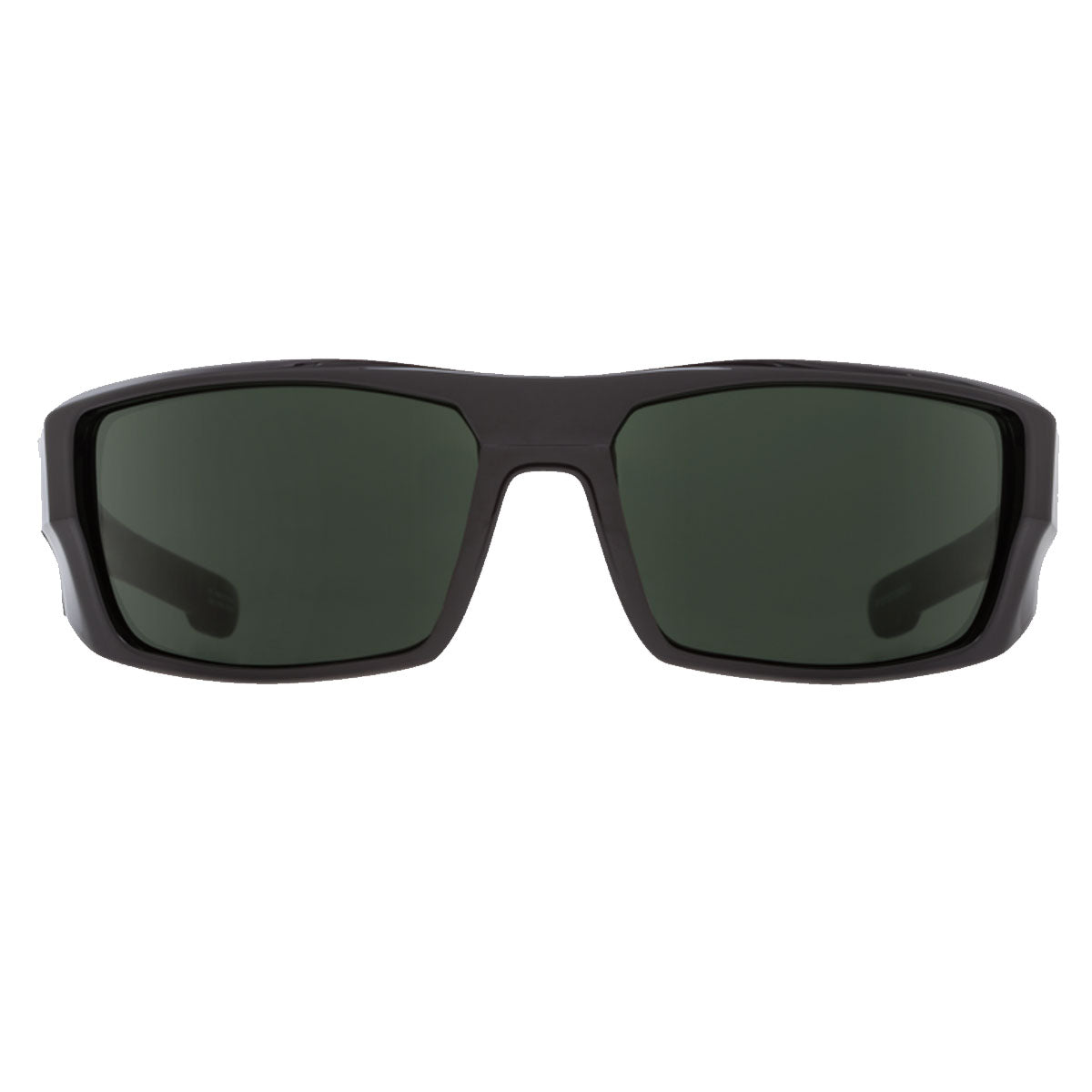Front view of Spy Dirk sunglasses by Spy, featuring a soft matte black rectangular frame, HD Plus gray green polarized lenses, and 100% UV protection, isolated on a white background.